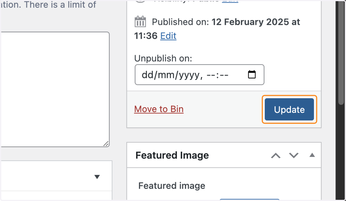 The Publish box with the Update button selected.