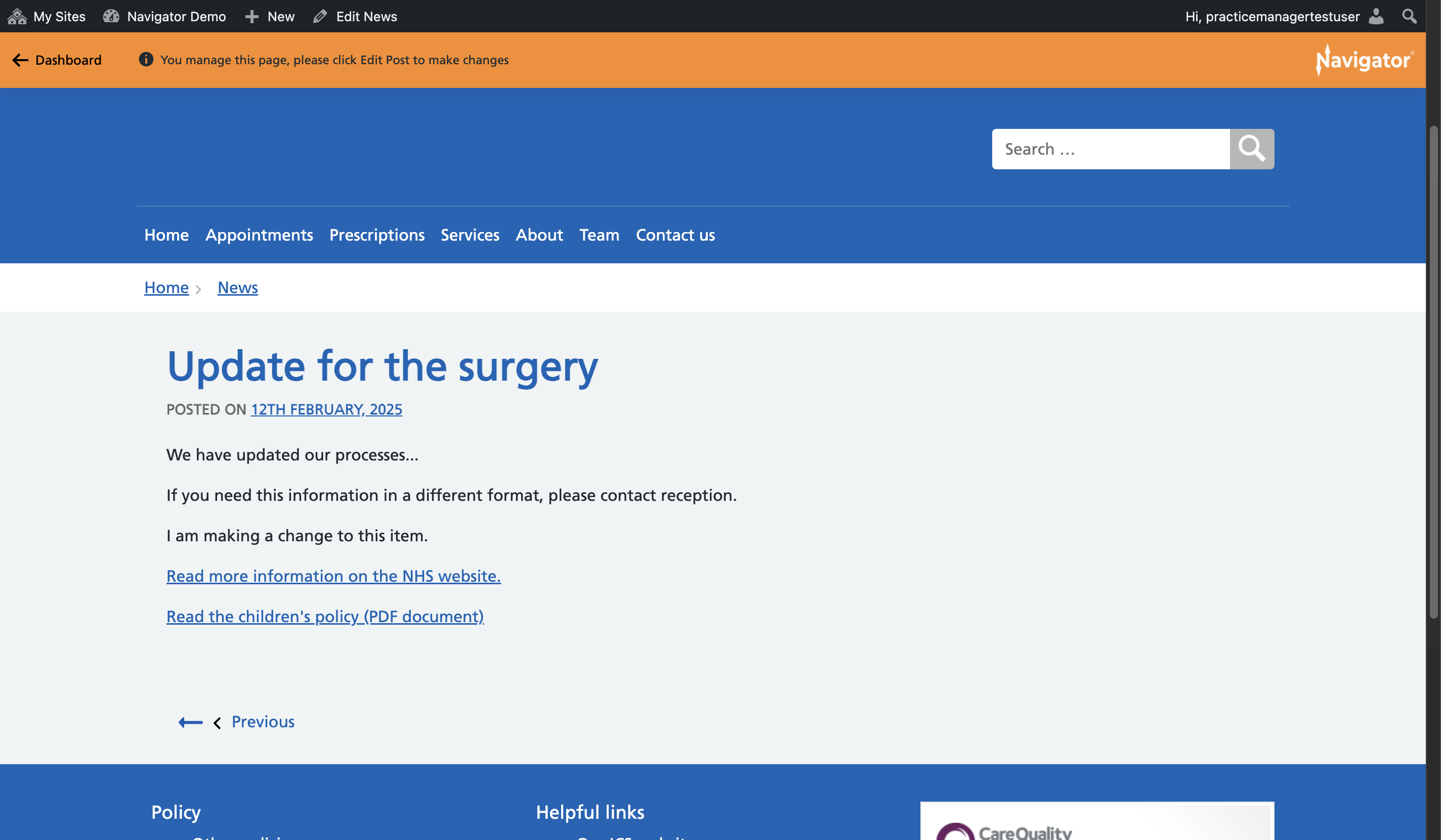 The News item published on the website with the changes showing.