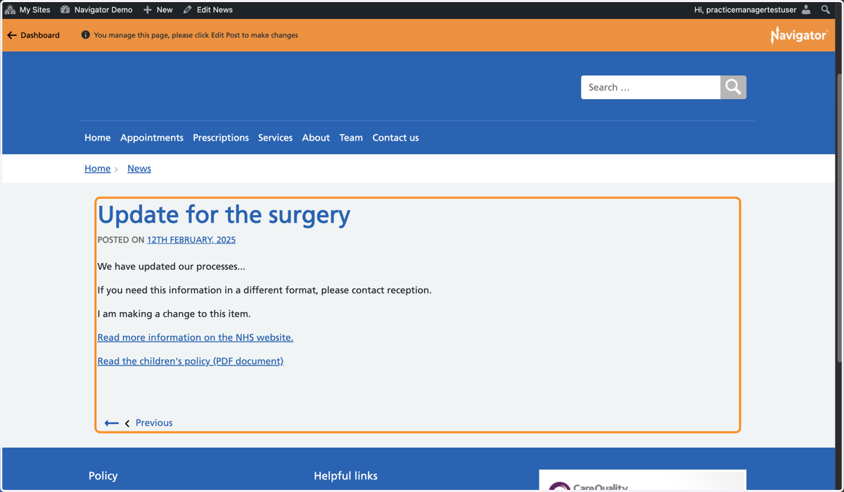 The News item published on the website with the changes showing.