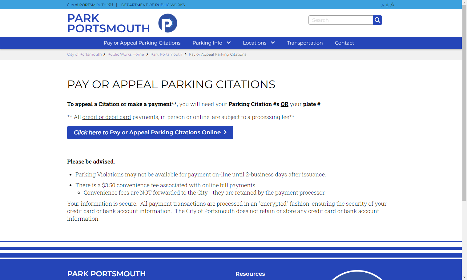 Click on Click here to Pay or Appeal Parking Citations Online