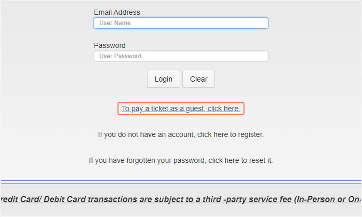 Click on To pay a ticket as a guest, click here.