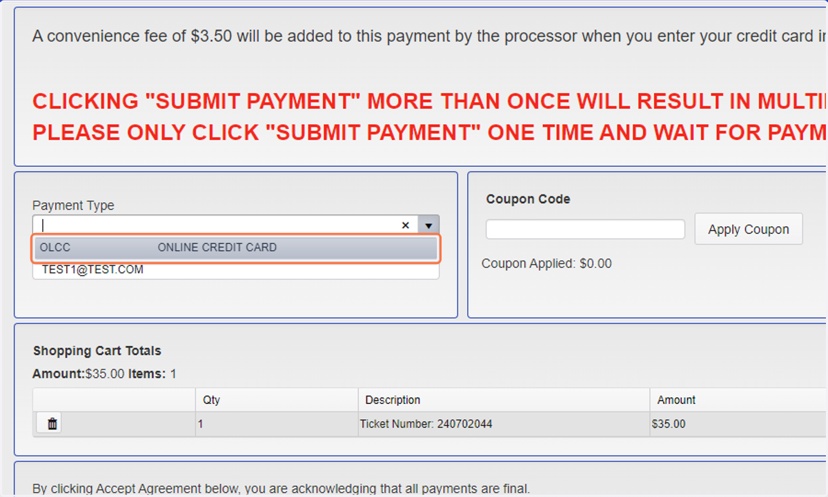 Click on OLCCONLINE CREDIT CARD