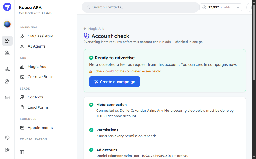 Meta Account Health Check in Kuasa ARA - Kuasa ARA CMO Help