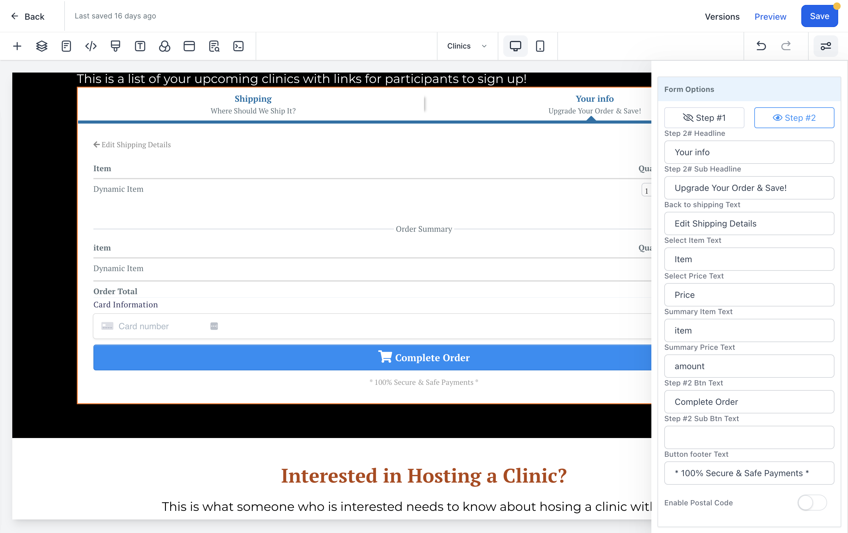 Click on Step #2 to edit the fields and headings located on the second step of the order form.
