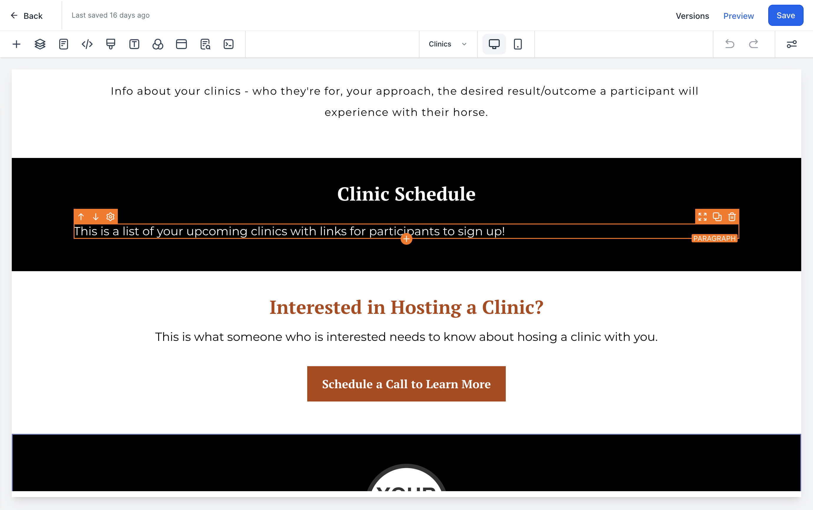 Locate where on the webpage you want to add the Order Form element and click the orange + or the + in the top left corner.