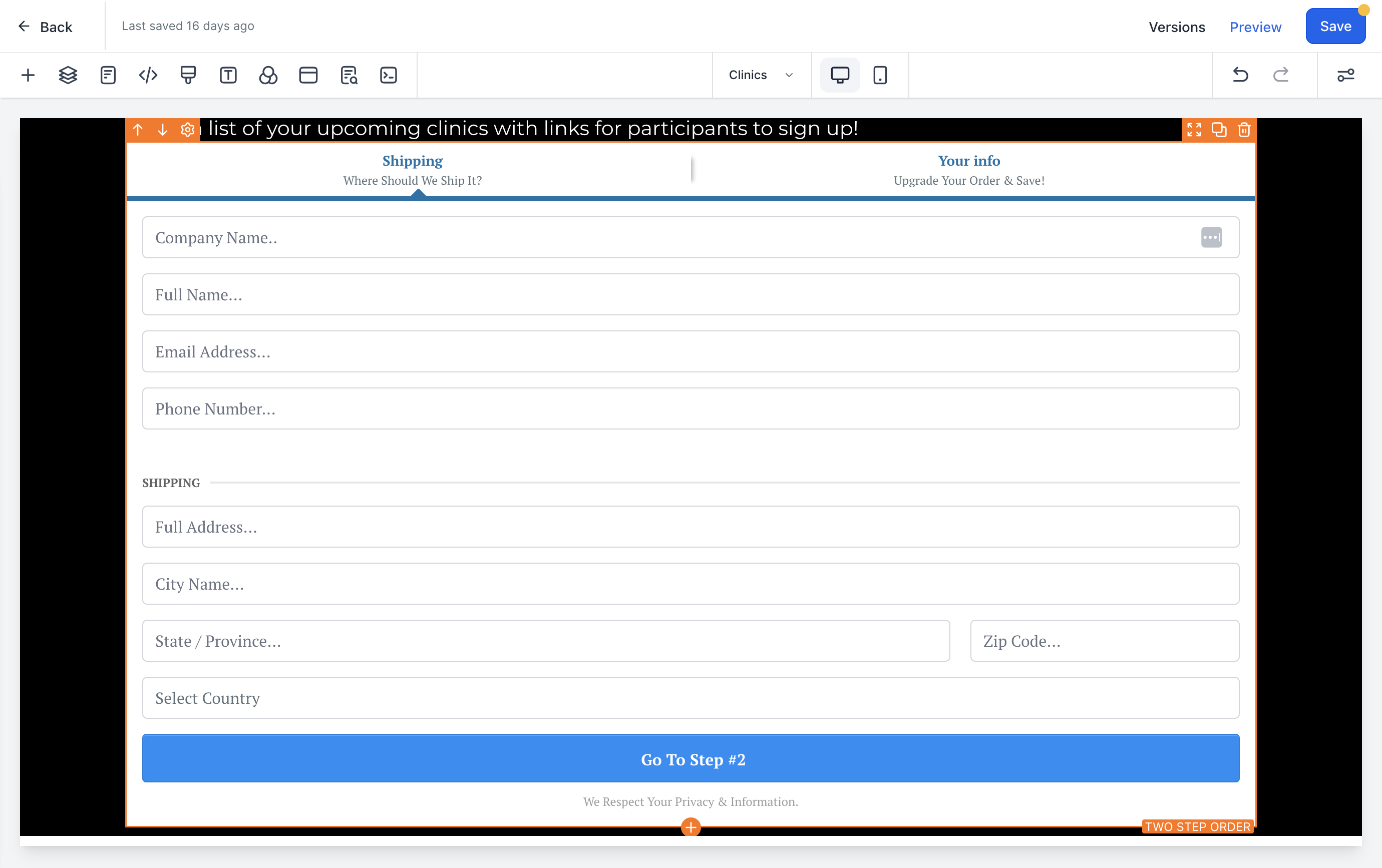 Drag the order form element onto your webpage