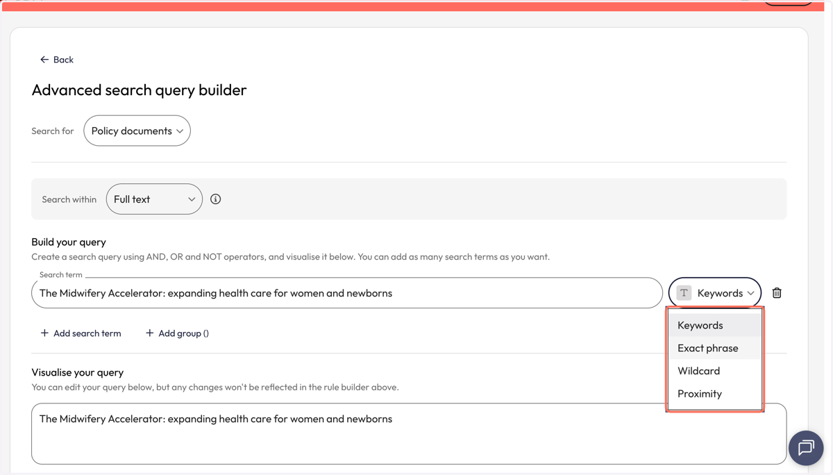 From the dropdown besides the search box, select 'Exact phrase' to find the title or project as an exact phrase.