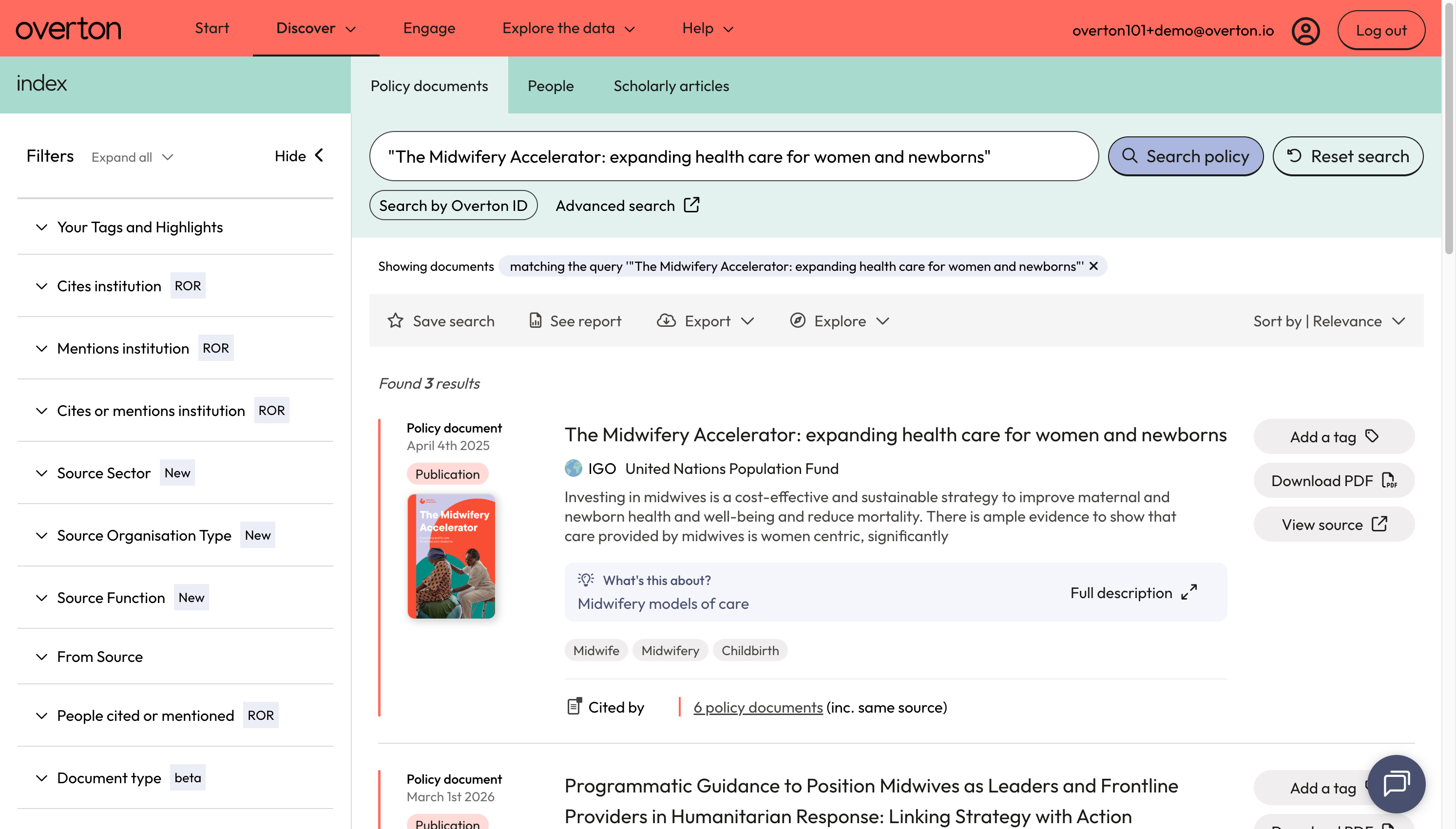 A. You will be taken to the 'Policy Documents' page. Your results will include anywhere the publication name was found in the full-text or the title. B. The results will likely include the actual publication as seen in the example.