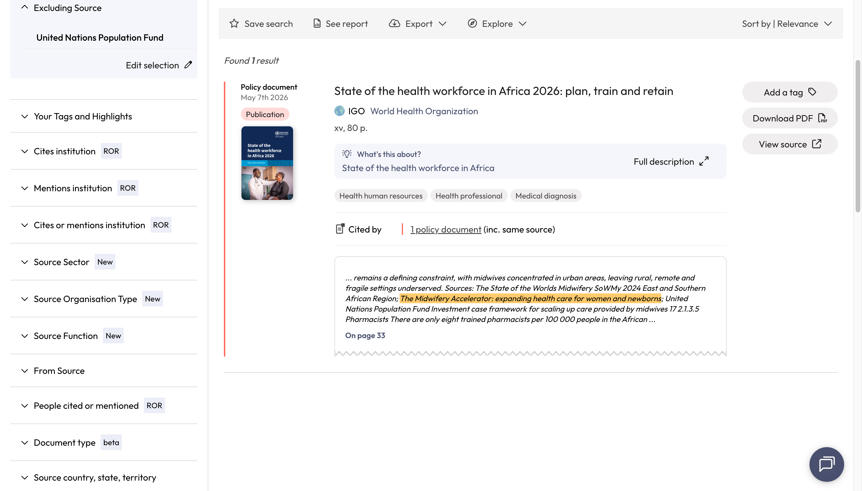The remaining results include policy documents which mention the publication somewhere in the full-text.
