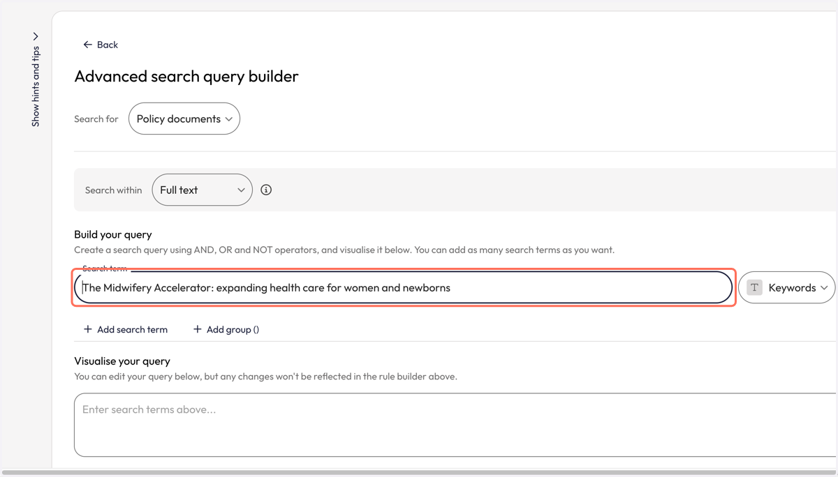 In the 'Search term' box, enter the name of your publication or project title.