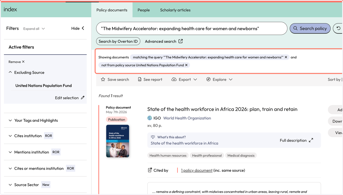 Your results will reflect policy documents that mention your publication but are not the publication itself and are not other policy documents from your organisation (no self-mentions).