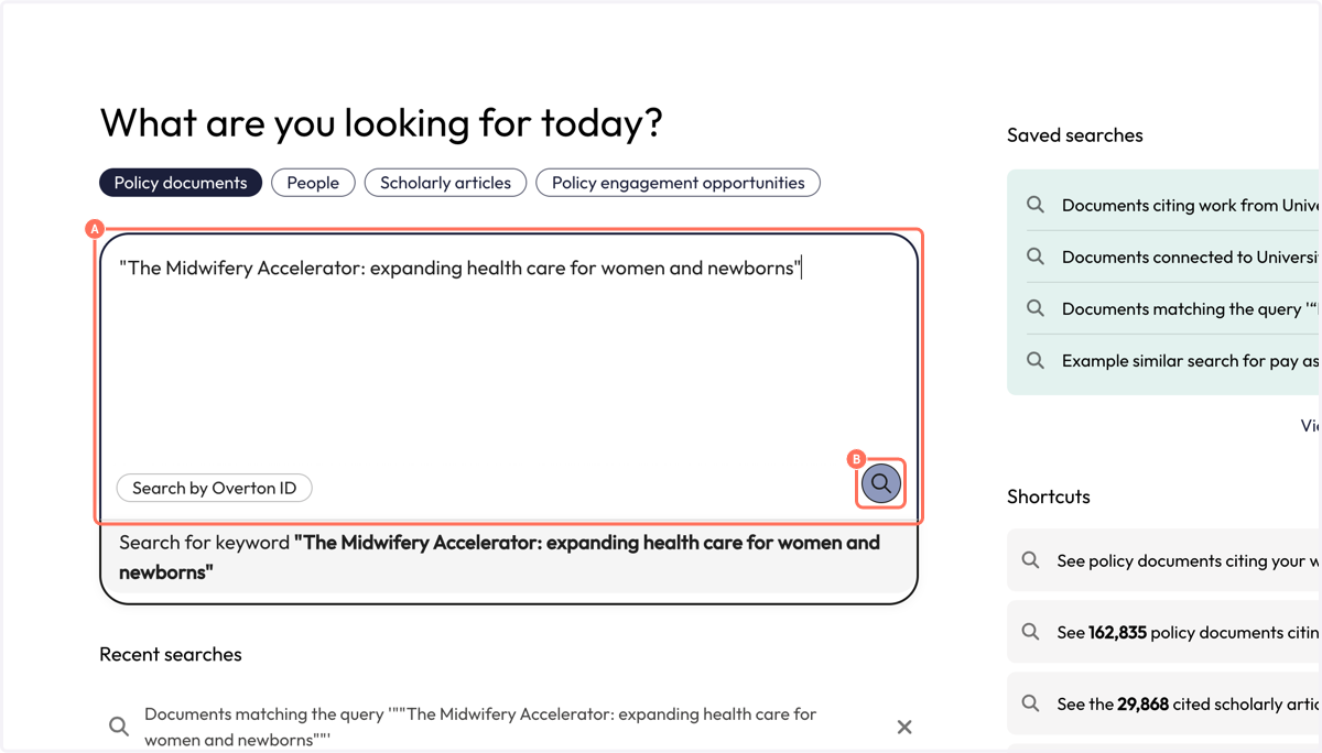 A. Enter the title of your publication or project in quotation marks into the search box. B. Click purple icon with magnifying glass to launch your 'Search'.