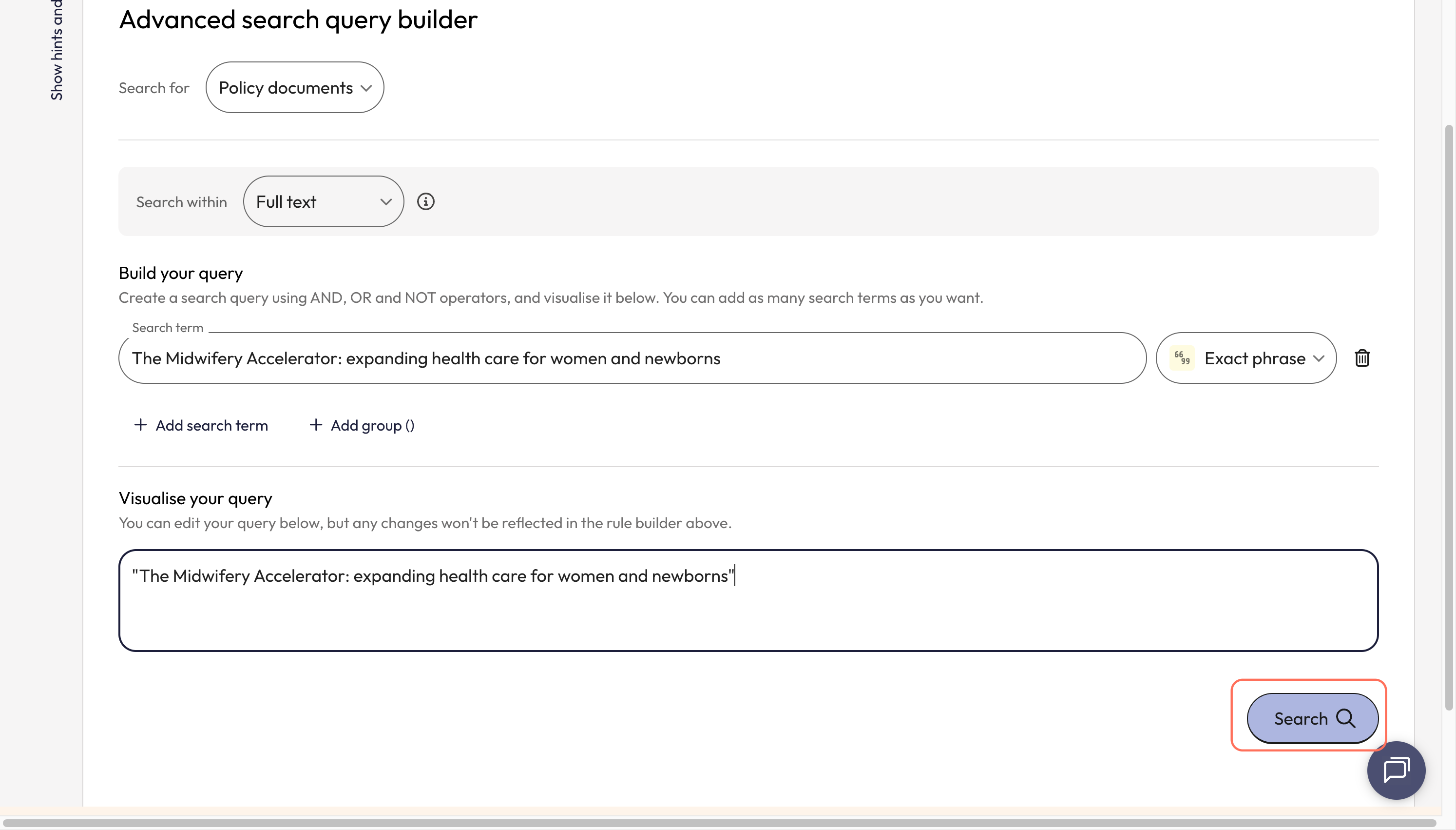 See your query in the 'Visualise your query' box and click on 'Search' to launch the search.