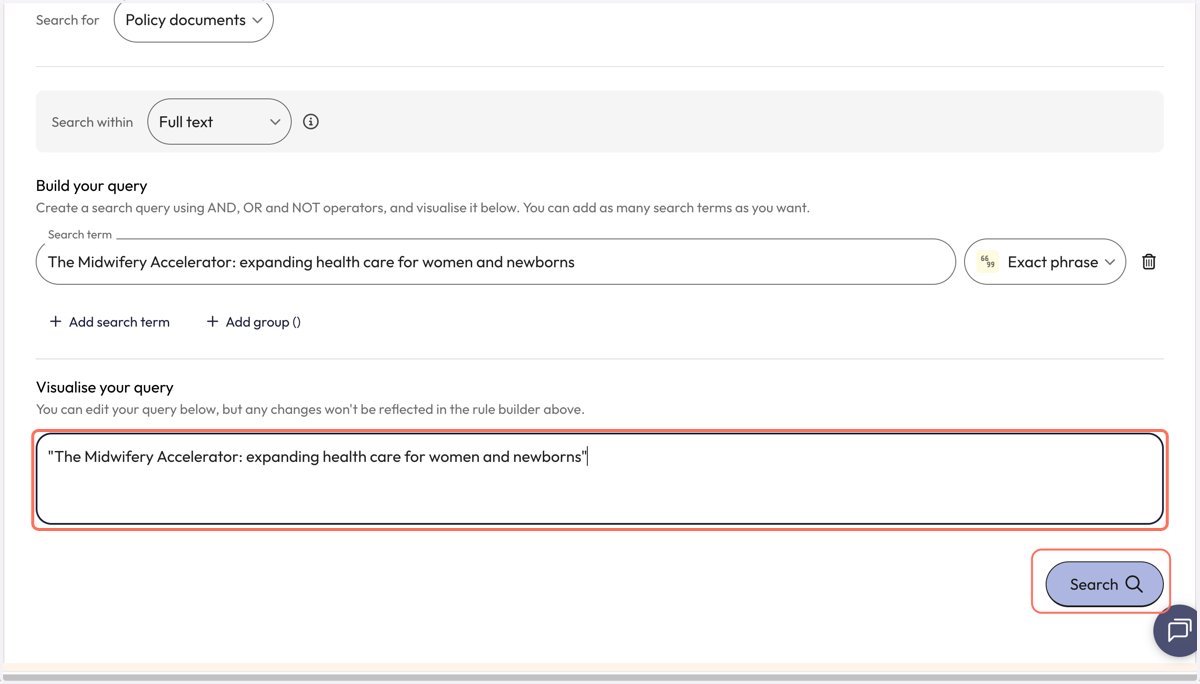 See your query in the 'Visualise your query' box and click on 'Search' to launch the search.
