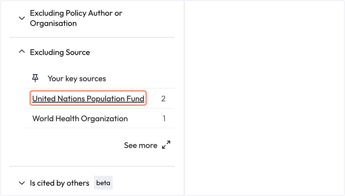 In the 'Excluding Source' filter, click on your organisation's name.