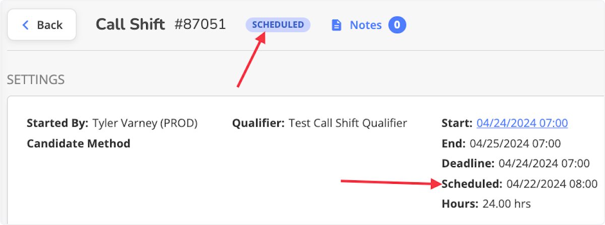 You will be redirected to the Call Shift History page, viewing the Call Shift you scheduled. 