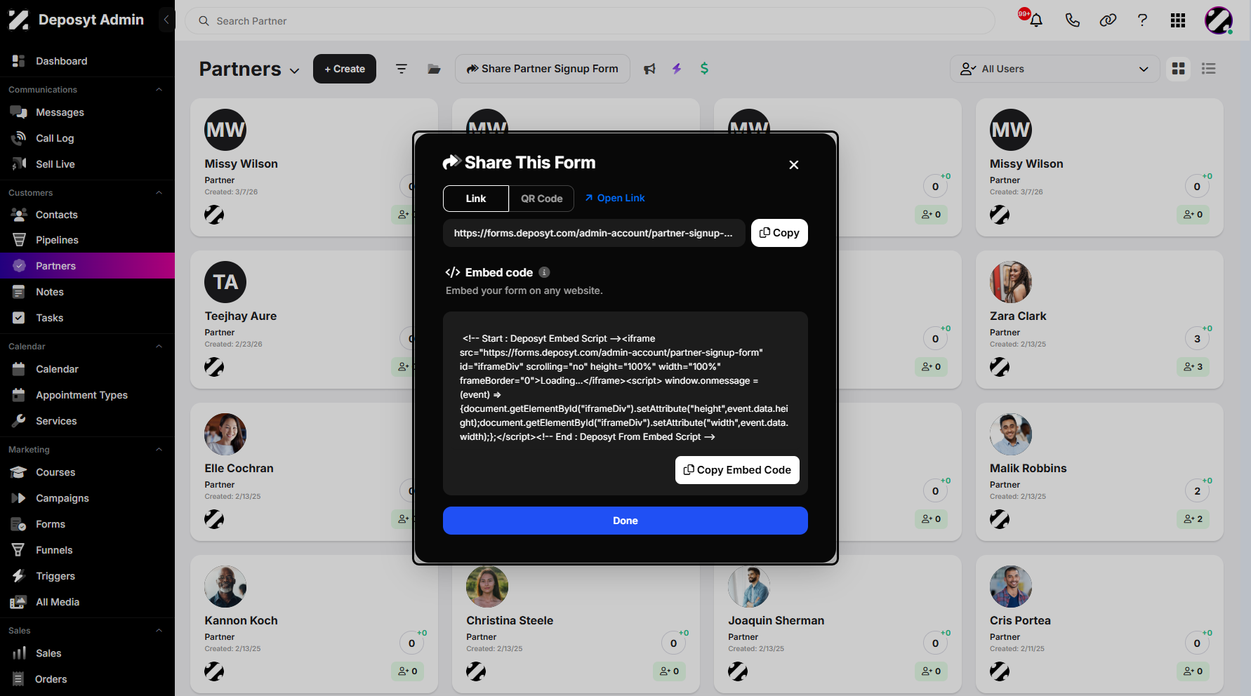 Step 4: A pop-up window will appear where you can copy the form link to share with your contacts, or copy the embed code to use elsewhere.
