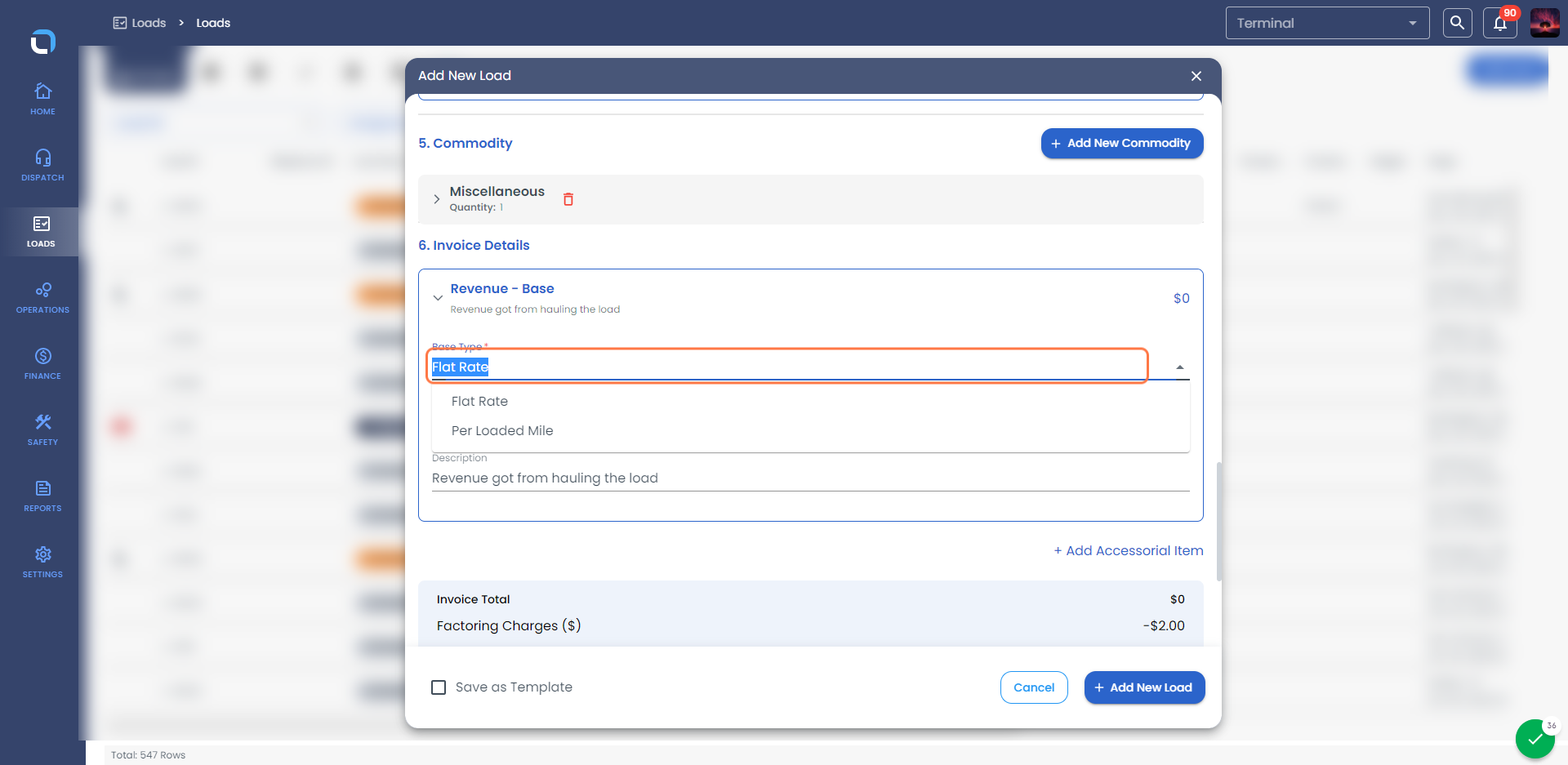 Select the Base type from the drop-down (This is for the revenue of the load)