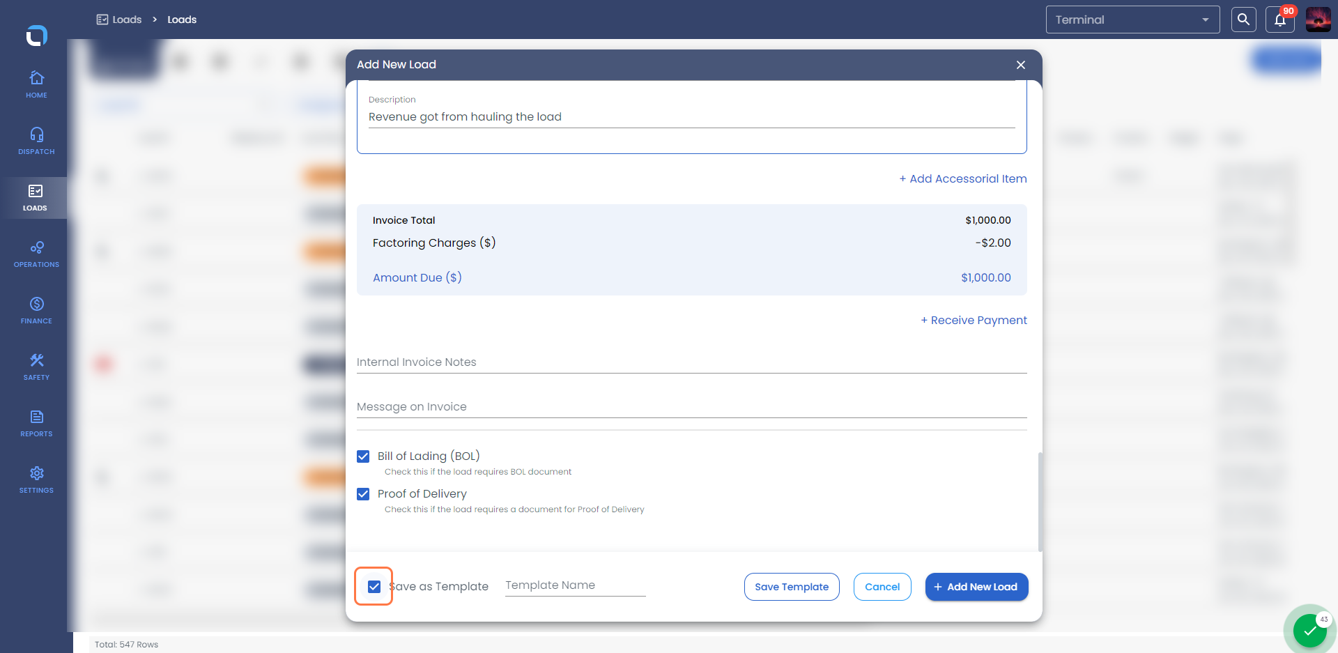Check Save as Template (If you would like to use the load data in future)