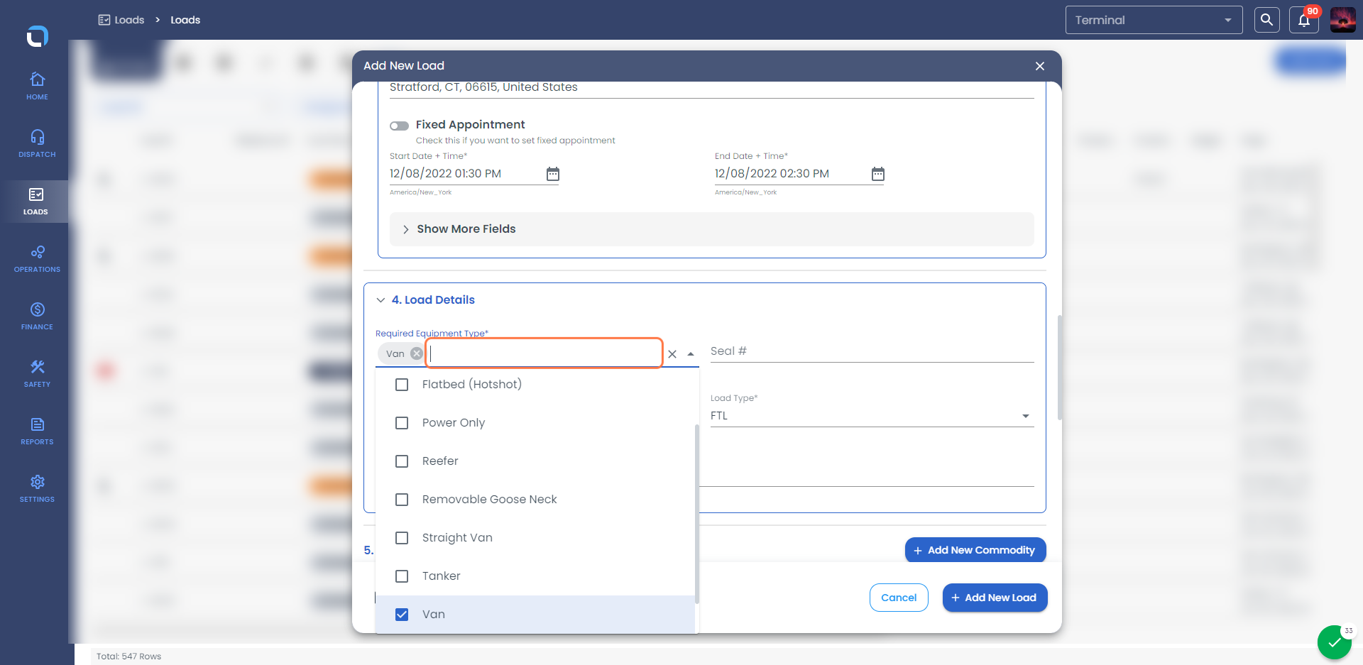 Select the Required Equipment Type from the drop-down