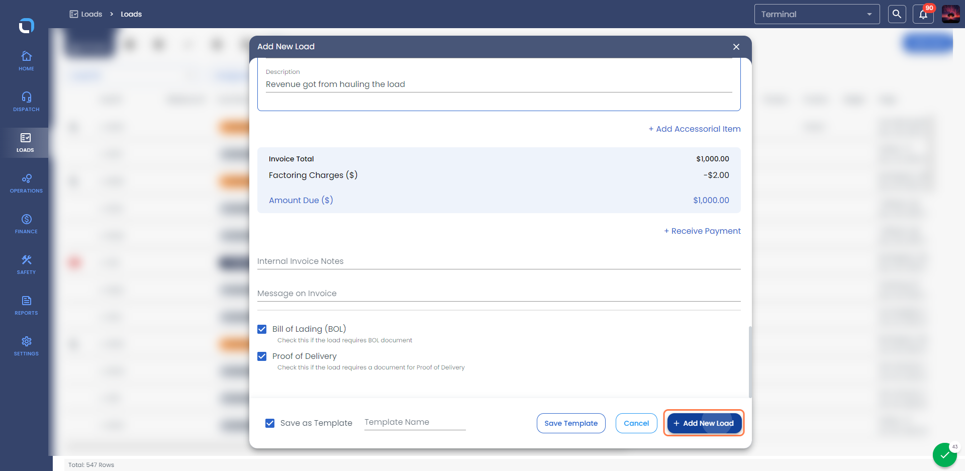 Click on Add New Load to create a new load.