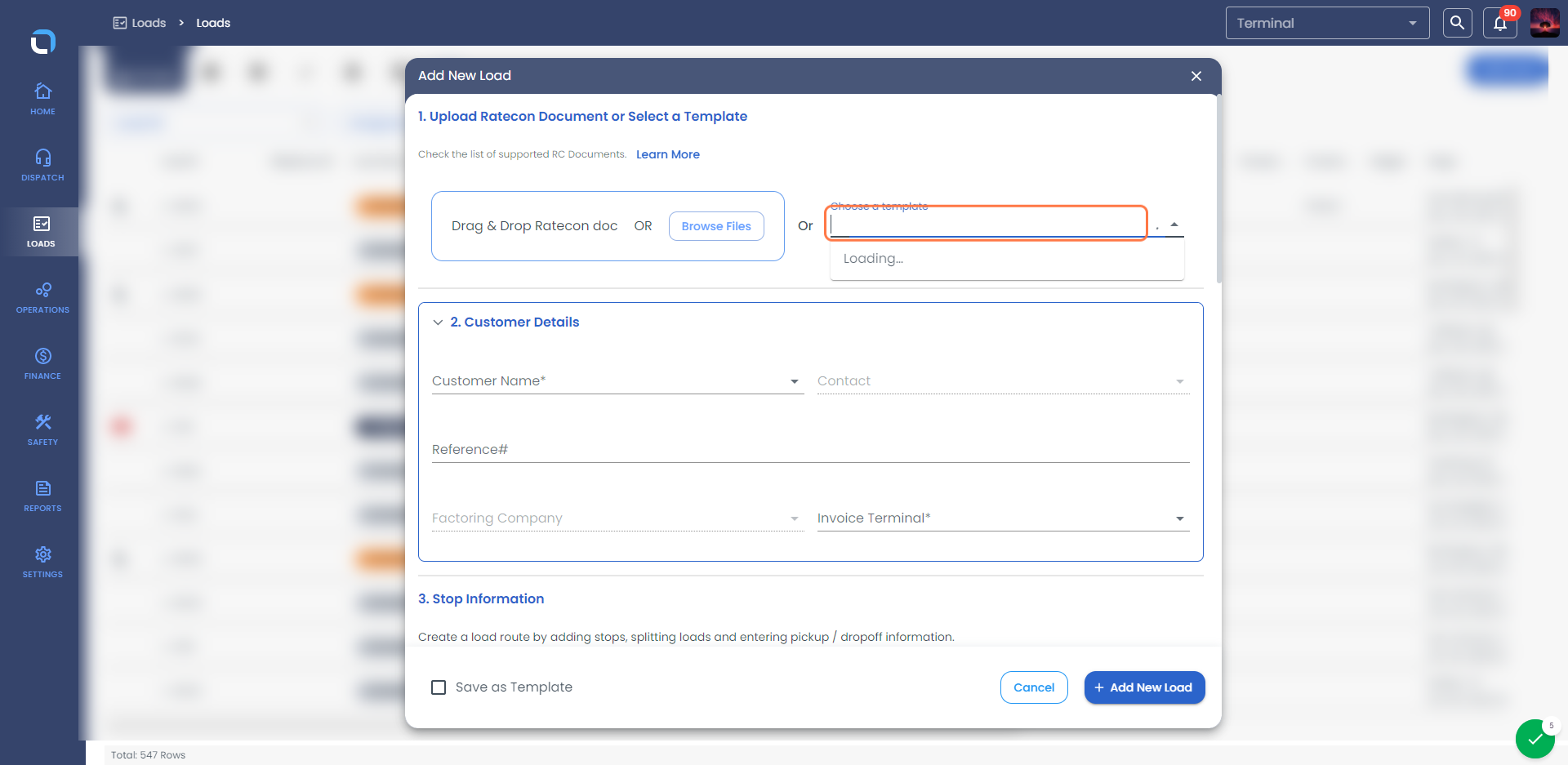 Choose a template (Load Template enables you to create a template for a load containing all the properties which can be reused during load creation)