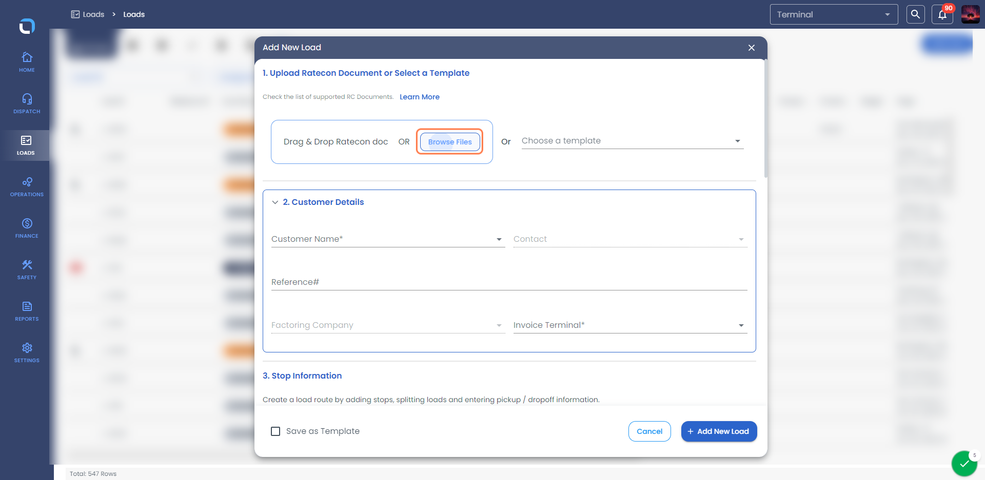 Click on Browse Files to upload the rate confirmation and auto fill the data for the load