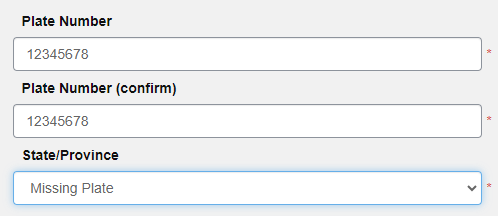 Enter the LAST EIGHT (8) DIGITS OF THE VIN then select Missing Plate for the state