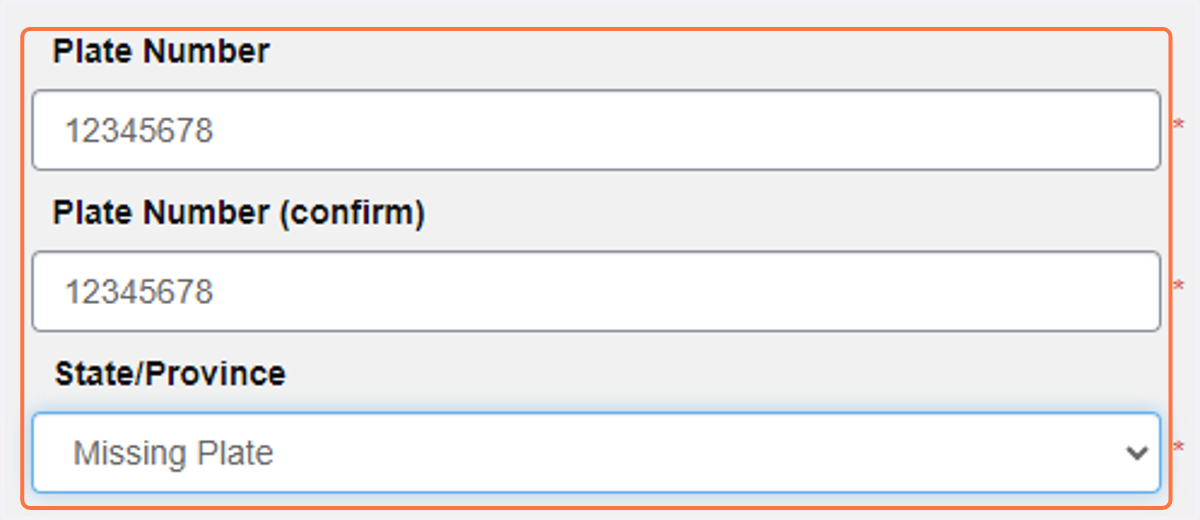 Enter the LAST EIGHT (8) DIGITS OF THE VIN then select Missing Plate for the state