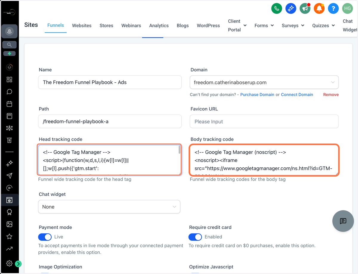 Indsæt din kode i feltet "Head tracking code" eller "Body tracking code", koden du indsætter vil gælde for hele din funnel