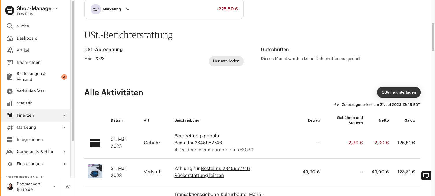 Sobald die Datei generiert wurde, wird der Button schwarz und heißt “CSV herunterladen”.