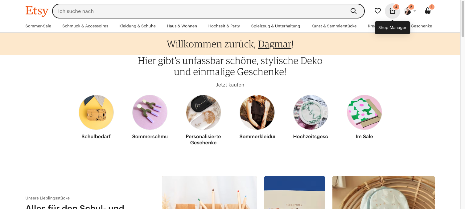 Gehe zum Shop-Manager in dem du auf das Shop Icon rechts oben klickst (nicht auf dein Profilbild).