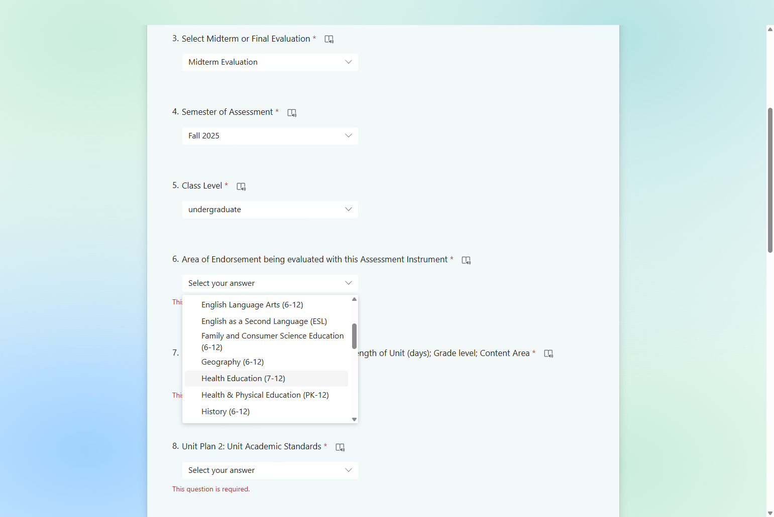 Click on drop-down menu to select endorsement area being evaluated