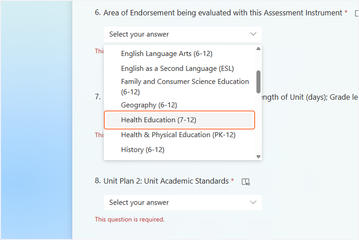 Click on drop-down menu to select endorsement area being evaluated