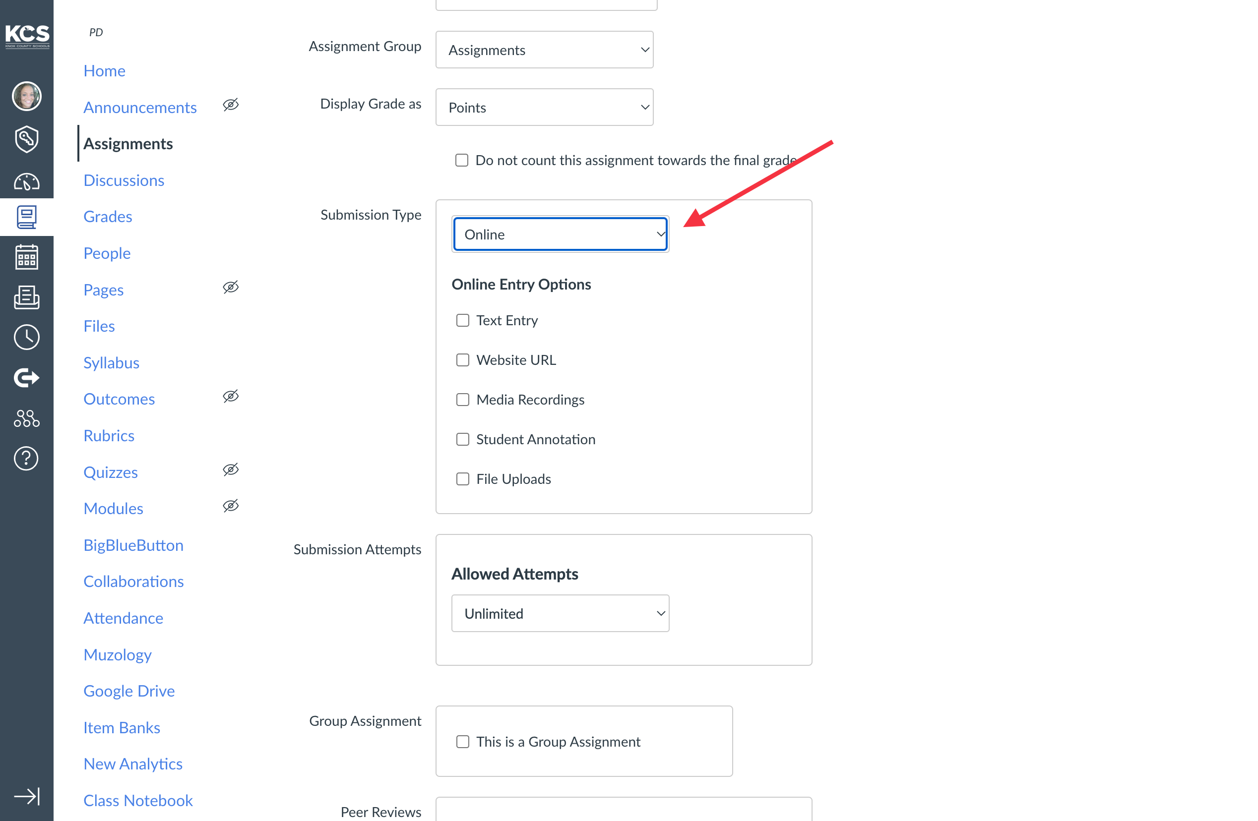Select 'Online' as the submission type