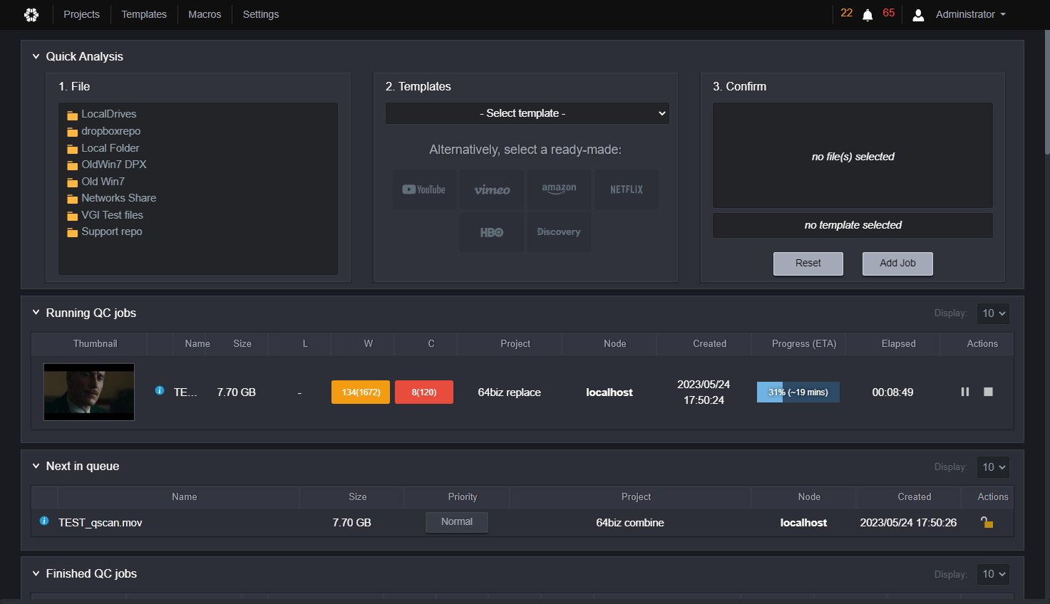 Once you click on Add Job, QScan will start analyzing and show the files in the Running QC Jobs list.