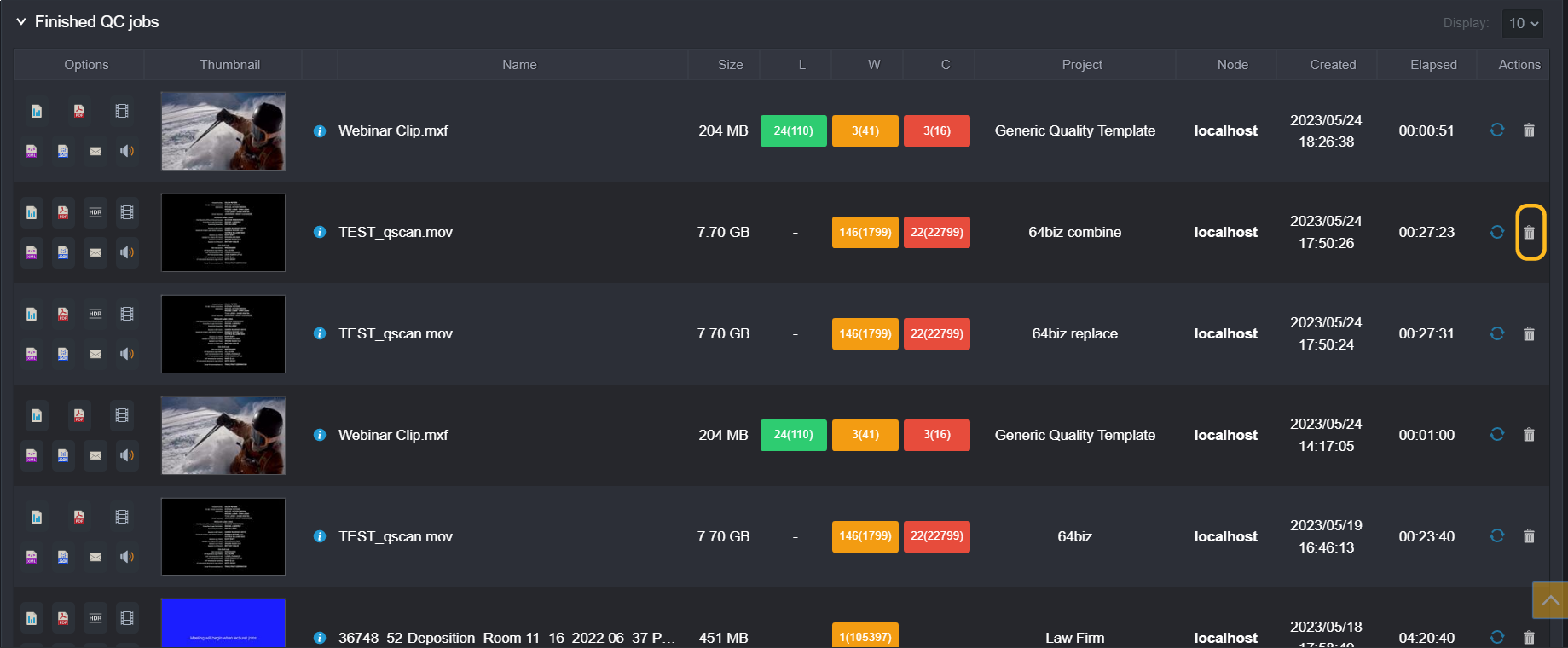 Additional actions are possible for the Finished QC Jobs — reanalyze and remove.