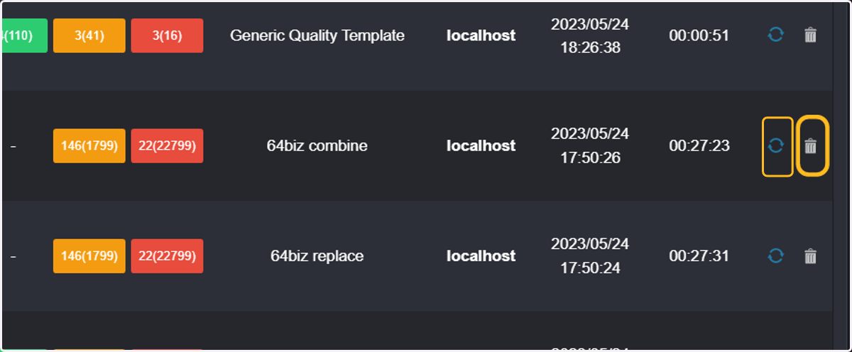 Additional actions are possible for the Finished QC Jobs — reanalyze and remove.