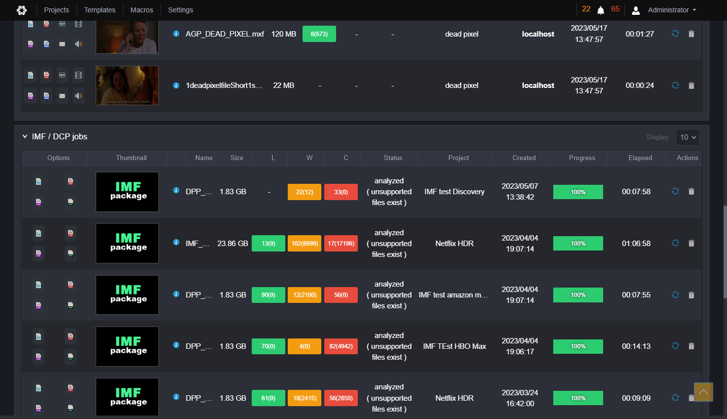The main page also provides access to all IMF or DCP jobs.