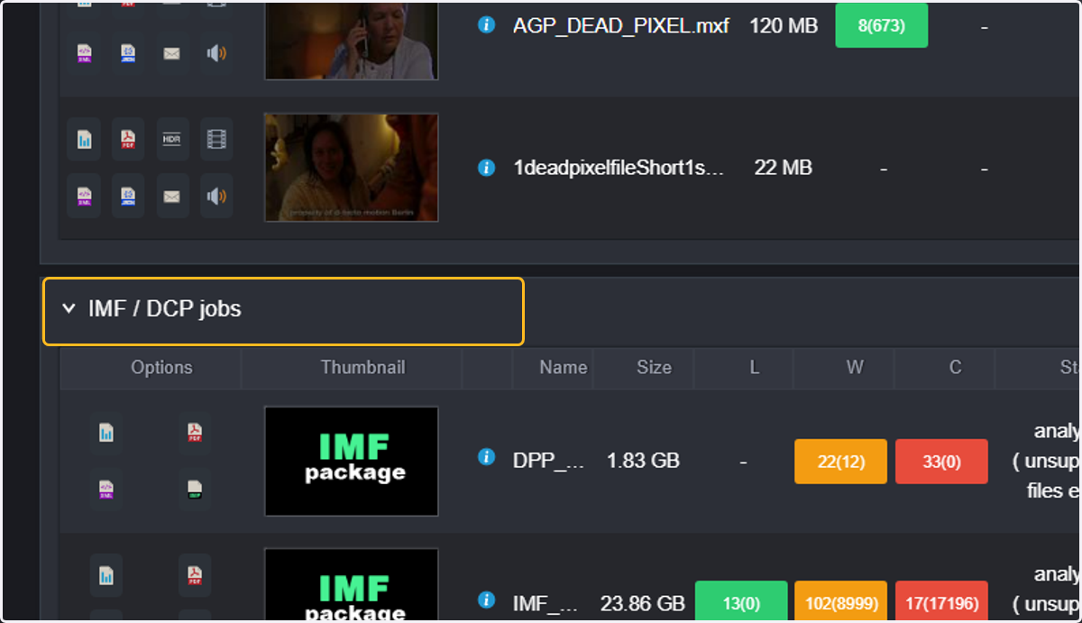 The main page also provides access to all IMF or DCP jobs.