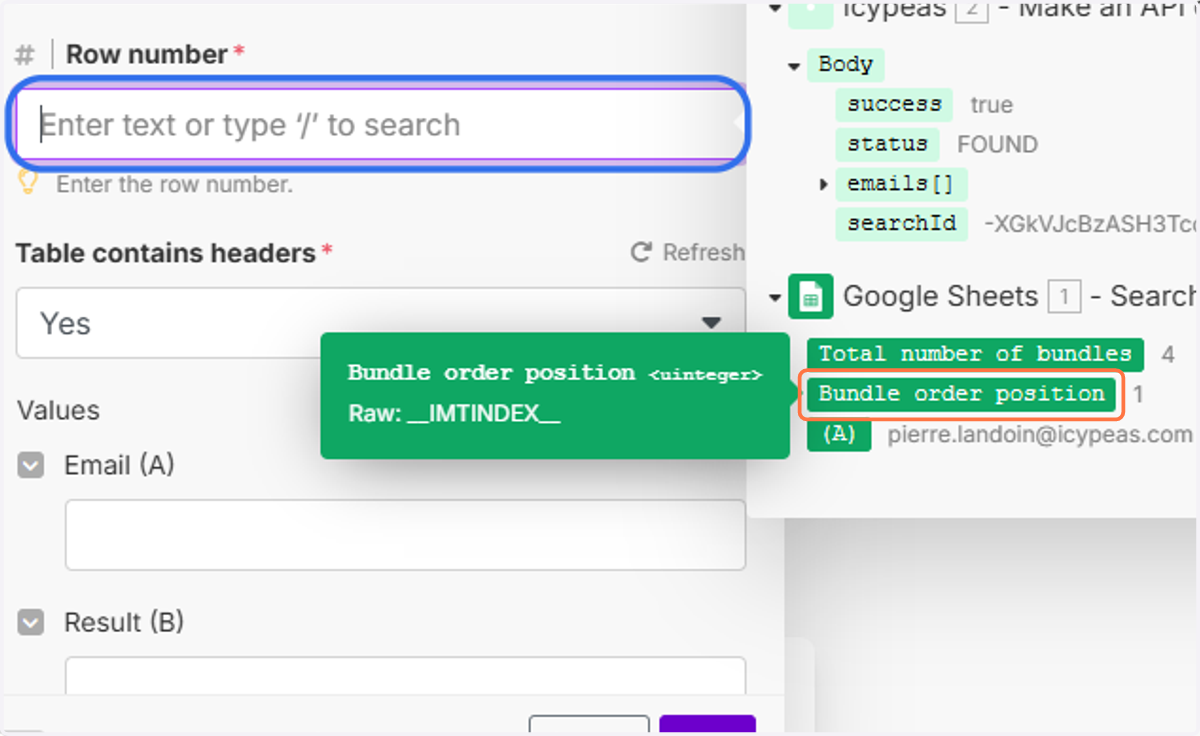 Click on the "Row number" field and select "Bundle order position".