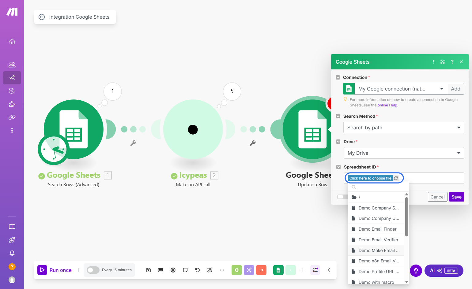 Click on "Click here to choose file" and select your Google Sheet document.
