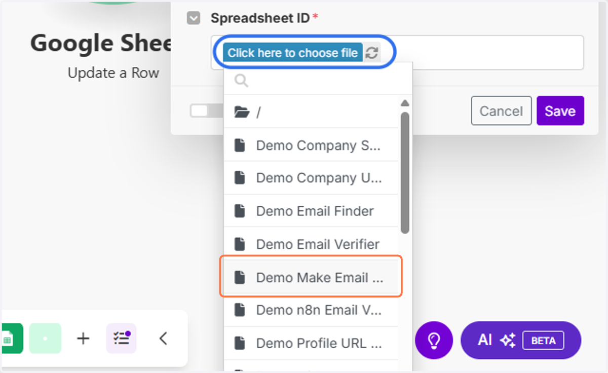 Click on "Click here to choose file" and select your Google Sheet document.