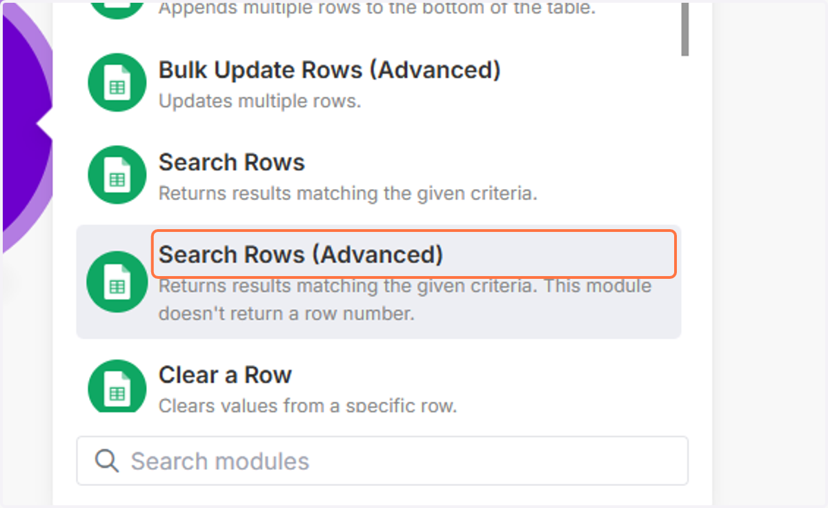 Choose Search Rows (Advanced).