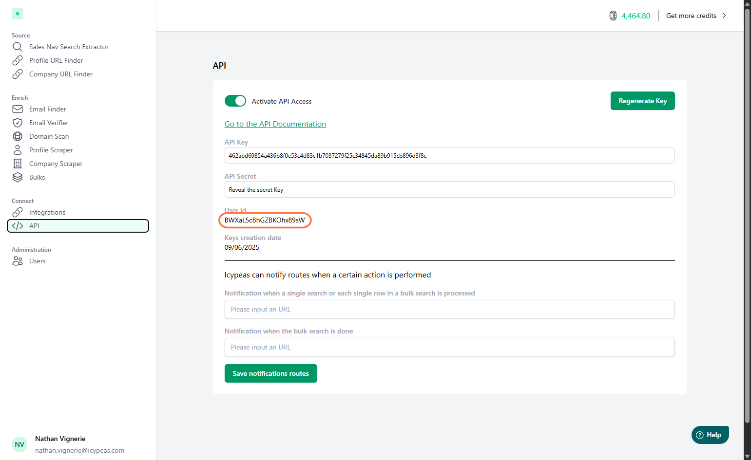 Copy your API key and your User id.