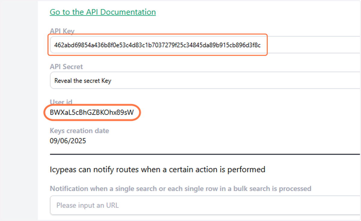 Copy your API key and your User id.