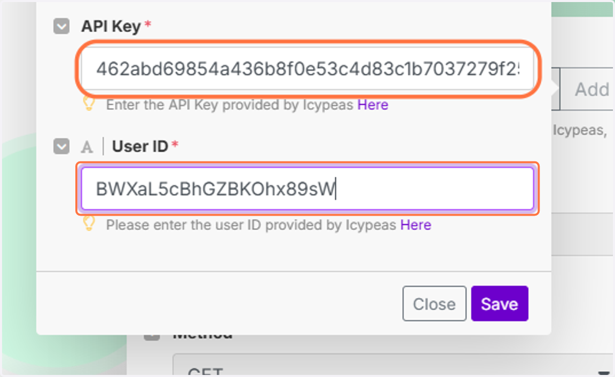 Go back to the Make tab and paste your API key and your User id.