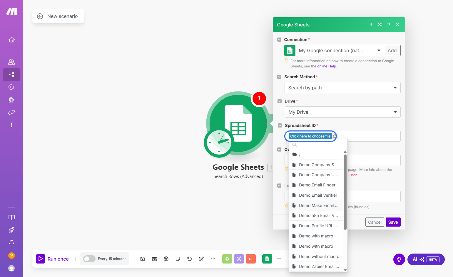 Click on "Click here to choose file" and select your Google Sheet document.