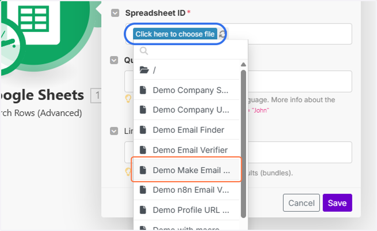 Click on "Click here to choose file" and select your Google Sheet document.