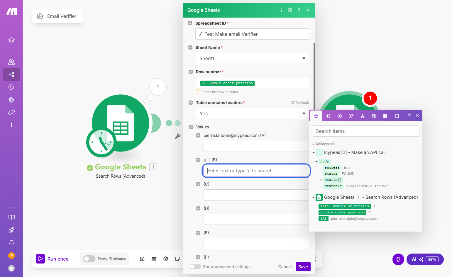 Click on the "(B)" field and select "status".